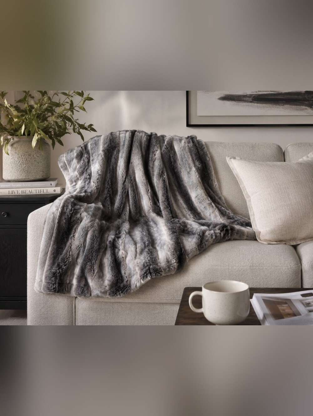 NWT West Elm Faux Fur Ombre Throw Blanket Gray Offset Stripe 47" x 60"